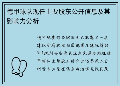 德甲球队现任主要股东公开信息及其影响力分析